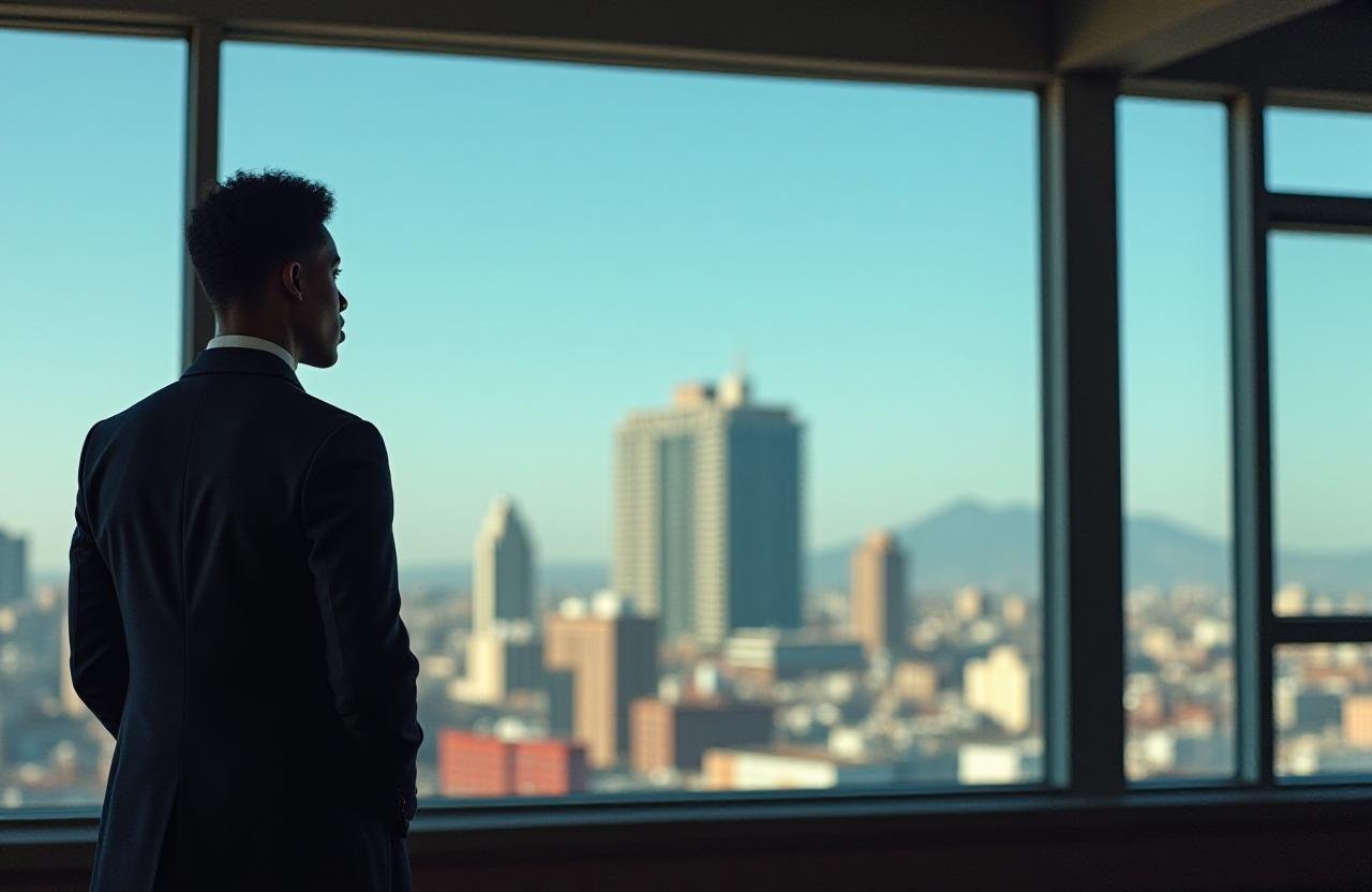 Aspiring individual looking over the Johannesburg skyline with geometric overlays