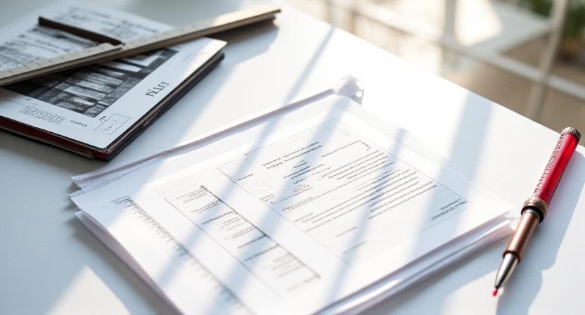 Close-up of organized architectural tools and legal documents on a clean desk